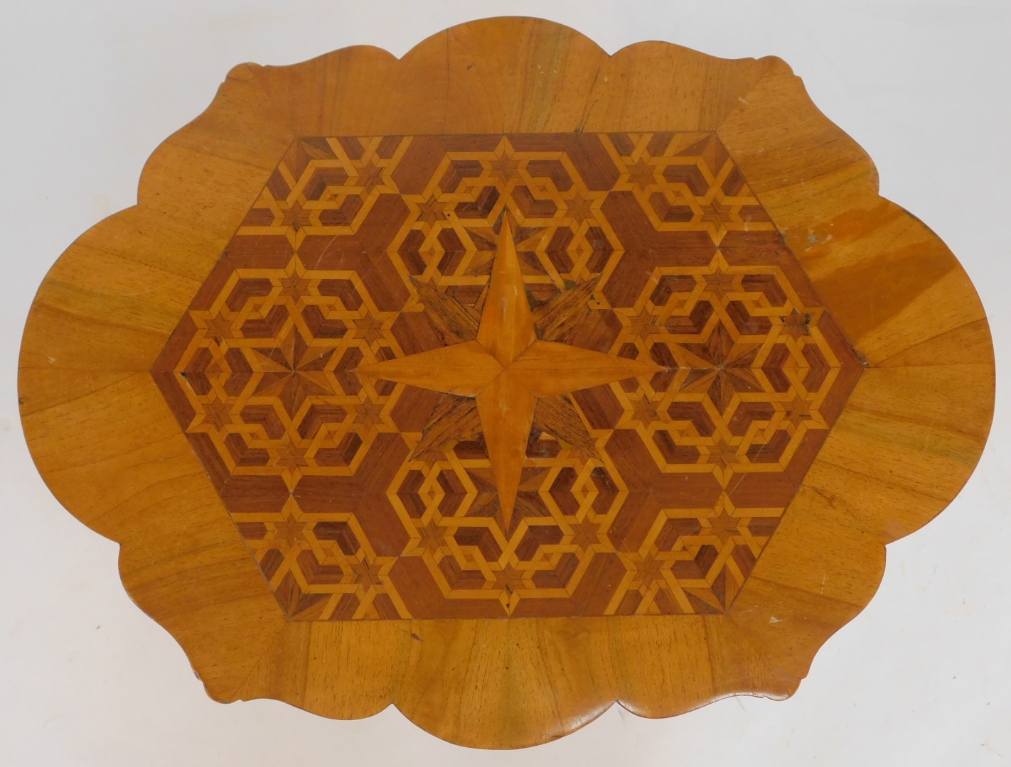 A Victorian walnut occasional table, the shaped walnut top inset with star marquetry, on an - Image 3 of 3