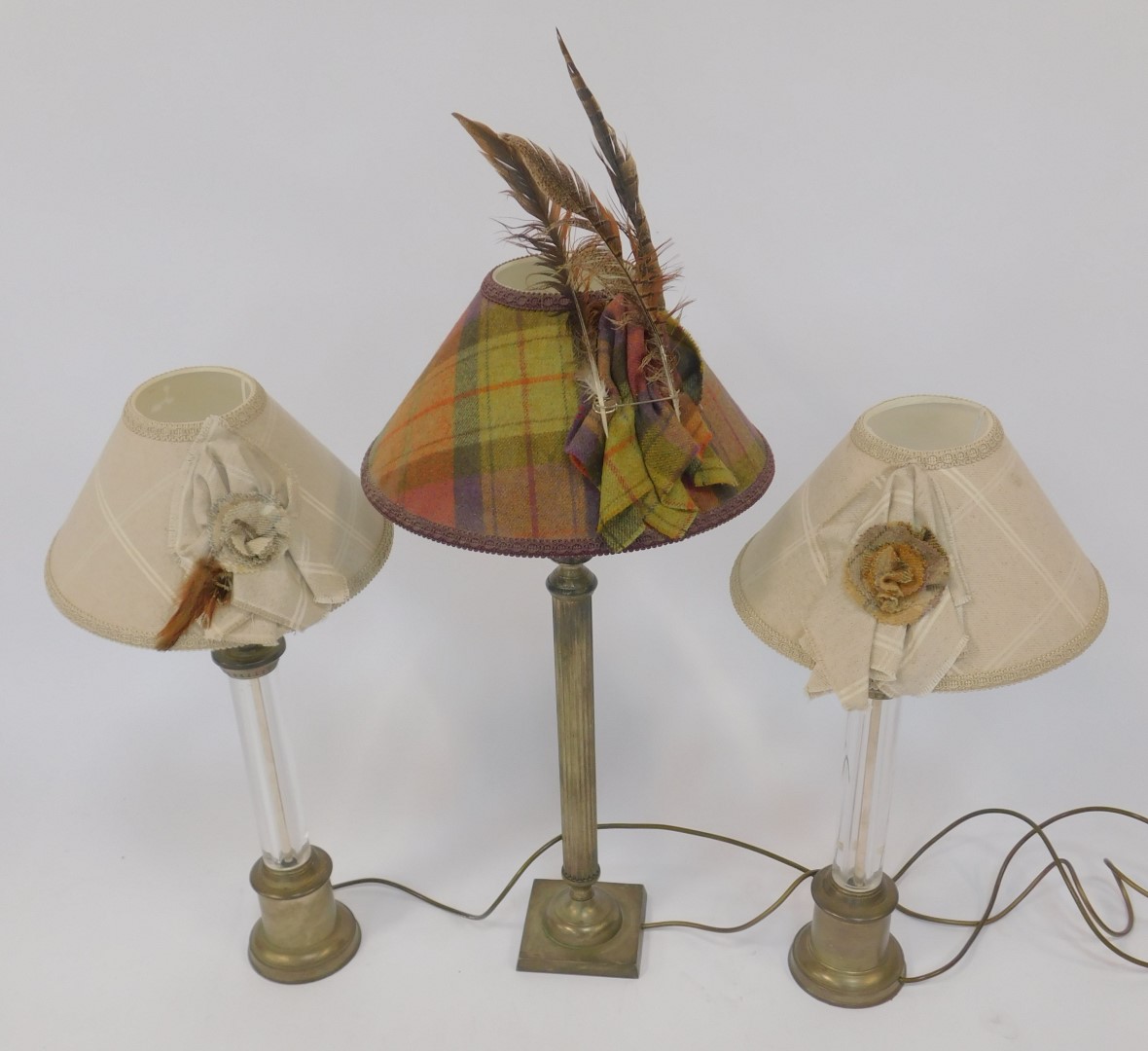 A pair of 20thC table lamps, each with a central glass column and cast metal mounts, with a tweed - Image 2 of 2
