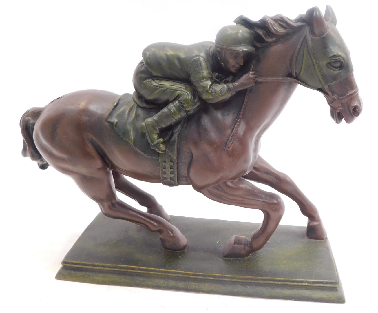 A 20thC resin figure modelled as a jockey riding horse, on rectangular stepped base, unsigned, - Image 3 of 3