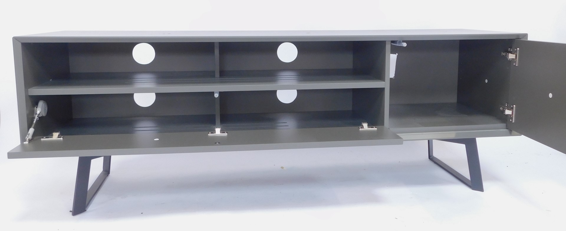 A modern TV unit, in grey, the rectangular top with a recess and drawer beside a cupboard, on - Image 3 of 3