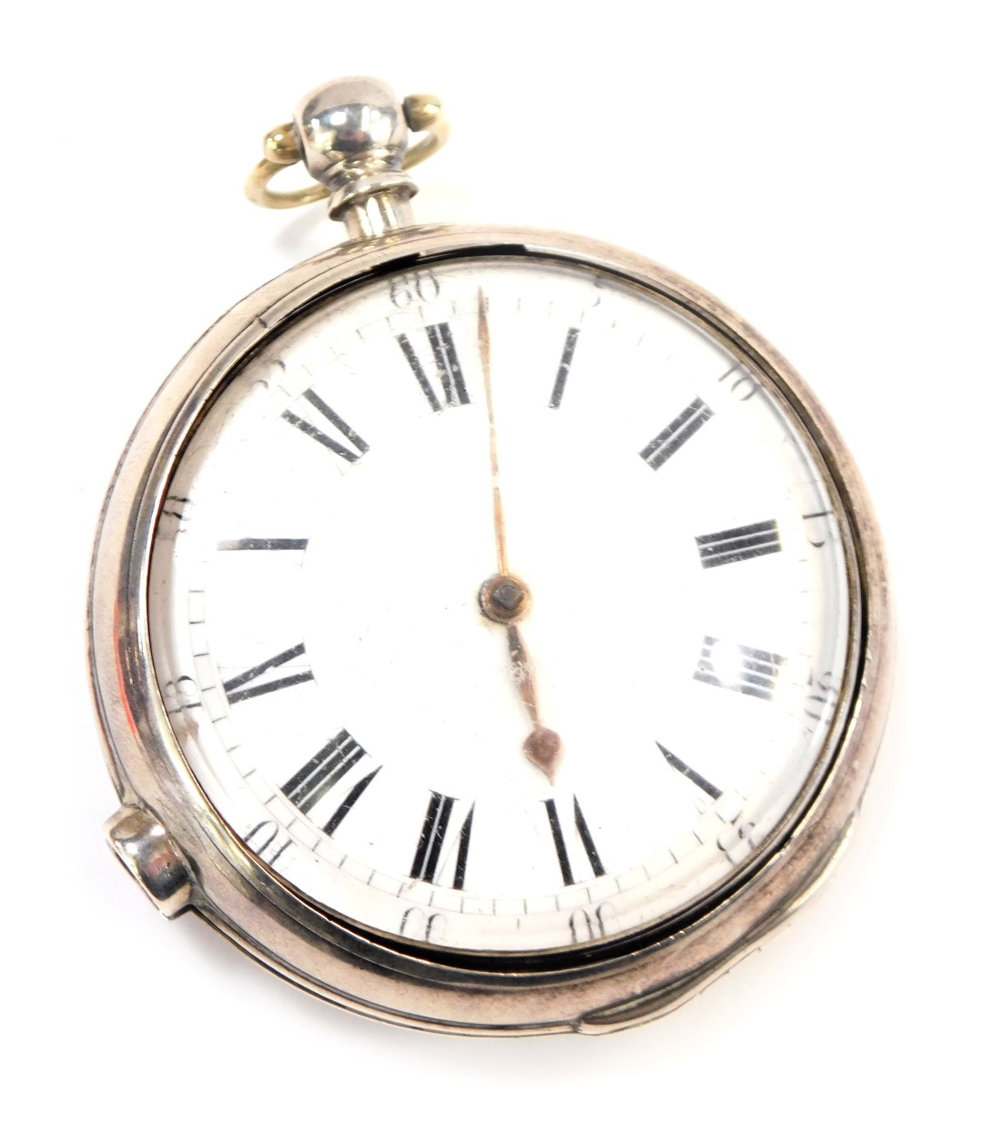 A George III silver pair cased pocket watch, with a white enamel Roman numeric dial and key wind,