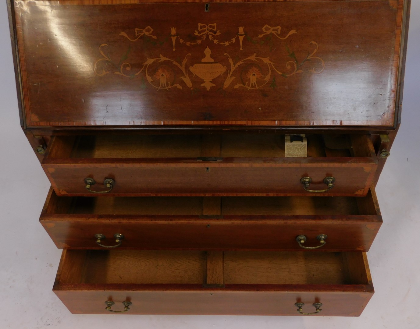 A late 19thC mahogany and inlaid bureau bookcase, the top with swan neck pediment above a - Image 4 of 5