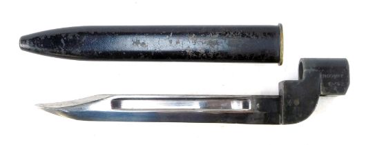 A British No. 9 MK1 bayonet, D-52, in painted black metal scabbard, length of blade 20cm.