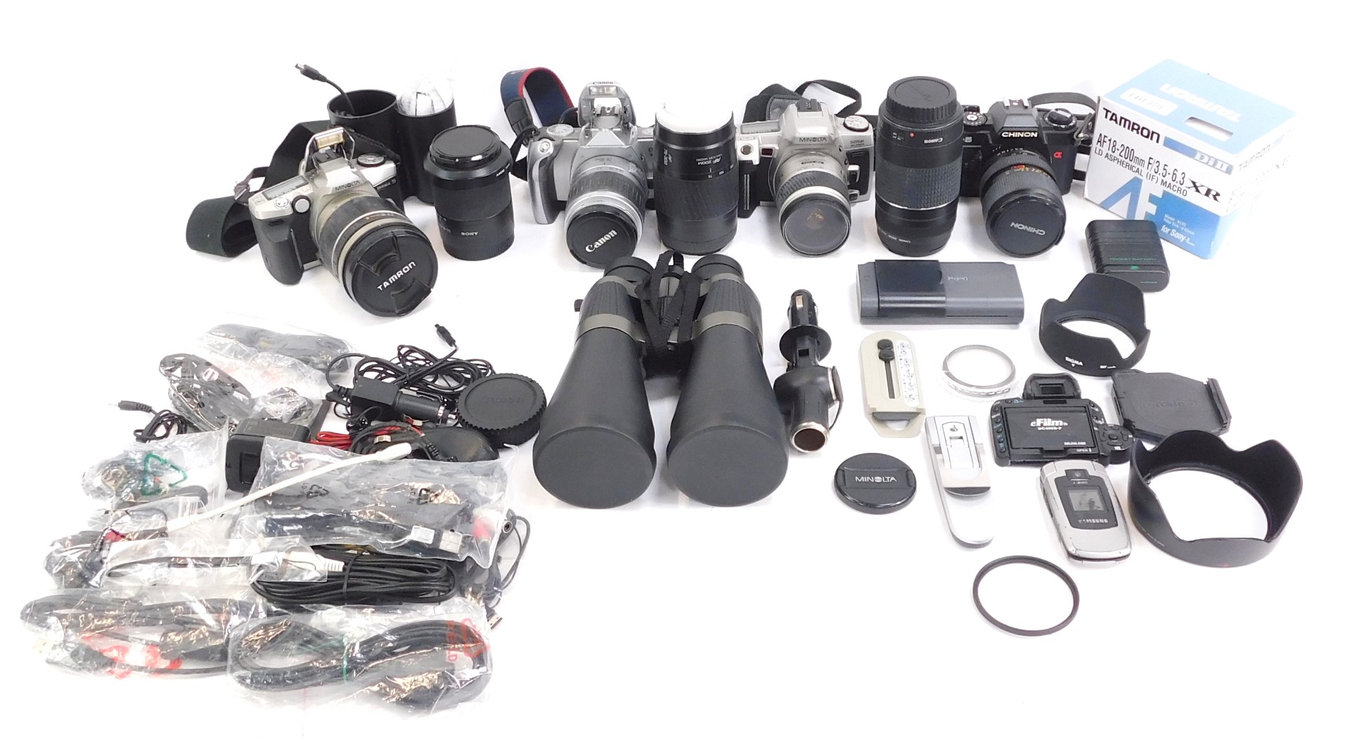 A group of cameras and related items, to include a Canon EOS 300V, Chinon CG-5, Tamron Dynax 5, a
