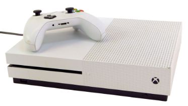 An Xbox One S, model 1681, with lead and game controller.