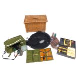 A group of fishing tackle, to include a wicker fishing box, 57cm wide, nets, canvas bag and