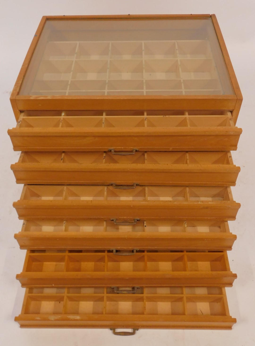 A beech tabletop haberdashery cabinet, the top with a glass panel, base with six drawers, each - Image 3 of 4