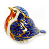A Royal Crown Derby porcelain robin paperweight, red printed marks and gold stopper, 7cm high,