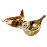 Two Royal Crown Derby porcelain bird paperweights, comprising Fire Crest, red printed marks and gold