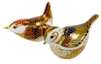 Two Royal Crown Derby porcelain bird paperweights, comprising Fire Crest, red printed marks and gold