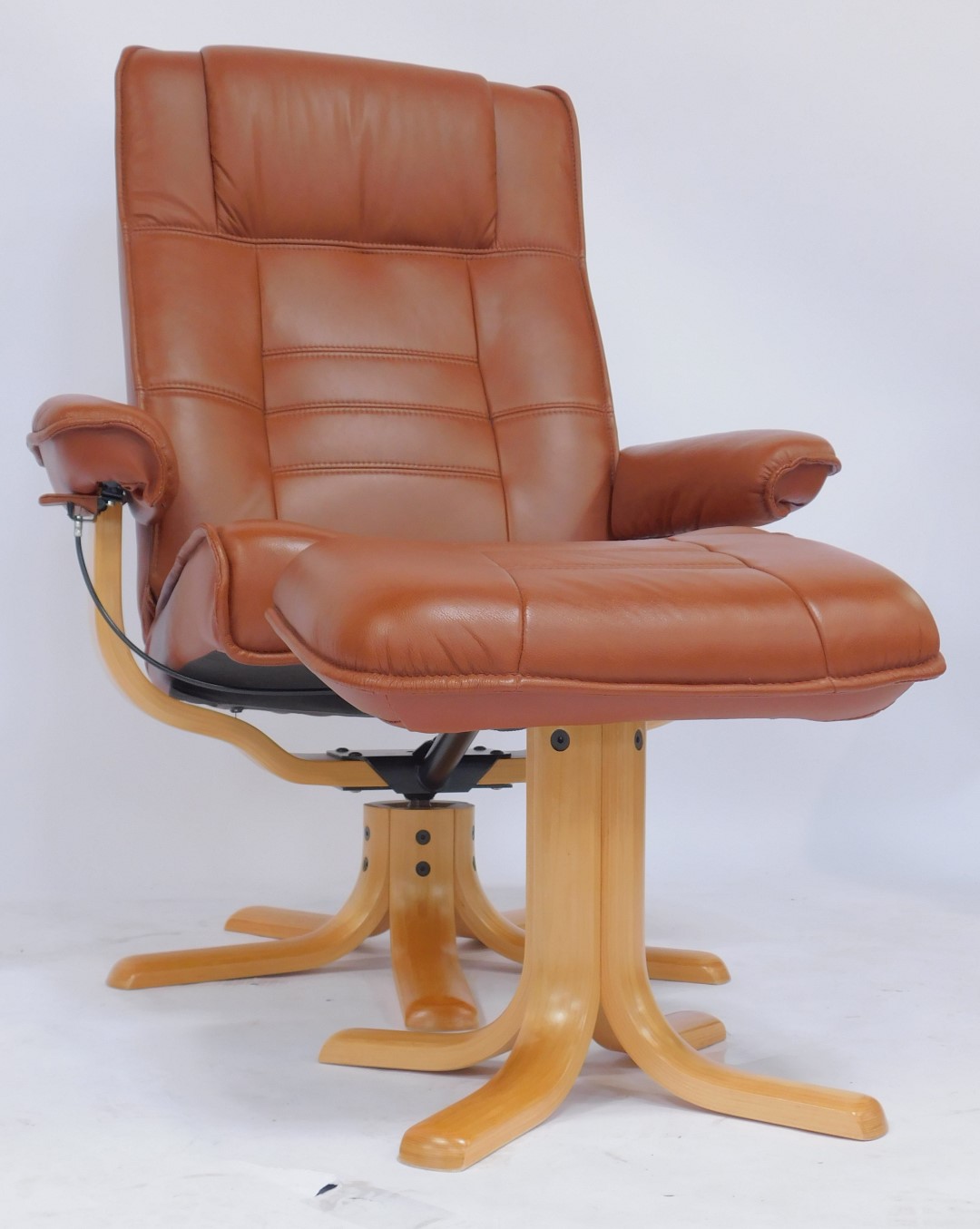 A Stressless style armchair, upholstered in brown leather, on a beech base, with matching - Image 3 of 3