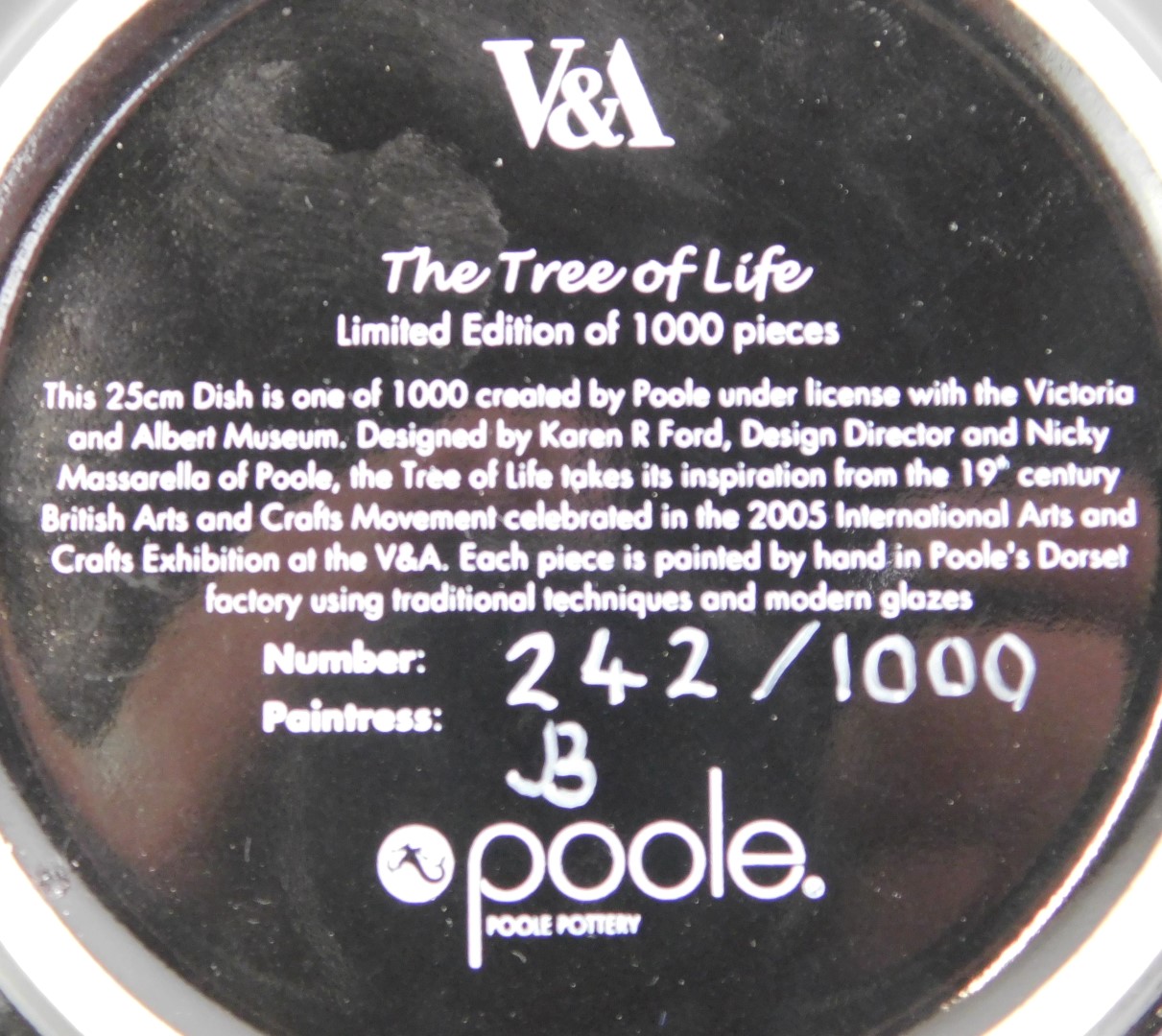 A Poole pottery V&A Tree of Life dish, limited edition number 242/1000, 26.5cm diameter. - Image 2 of 2