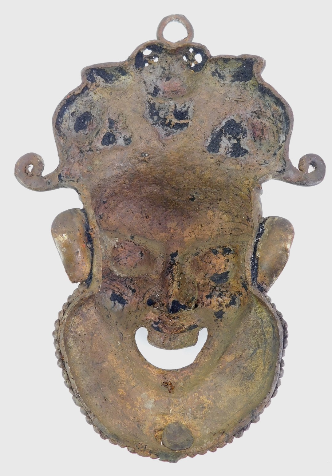 A bronze Bamum wall mask, depicting a figure wearing headdress, with mouth open, 26cm high. - Image 2 of 2