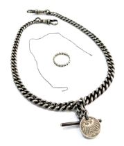 A silver Albert watch chain, the curb link chain and graduated form, with two clips, T bar and ten