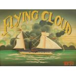 A painted advertising board, for Flying Cloud, with raised carved ship decoration, later dated 1851,