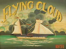 A painted advertising board, for Flying Cloud, with raised carved ship decoration, later dated 1851,