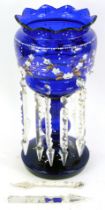 A Victorian blue glass lustre, hand painted with flowers, etc., 37cm high.