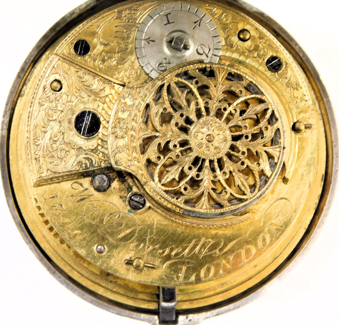 A George III silver pair cased pocket watch, with a white enamel Roman numeric dial and key wind, - Image 3 of 5