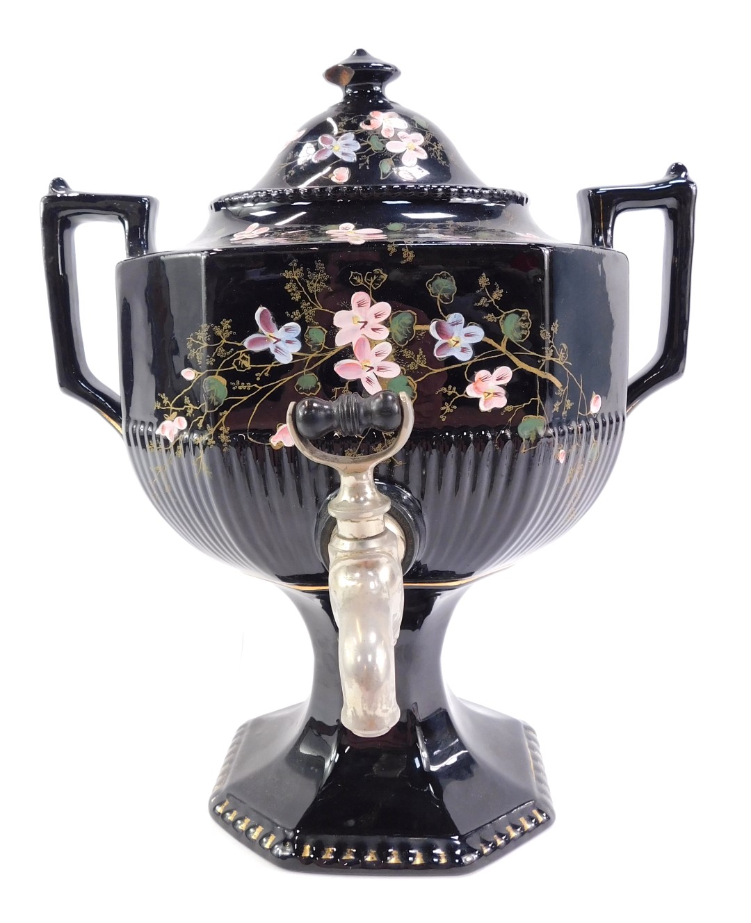 A Victorian pottery two handled samovar, decorated with hand painted flowering branches against a