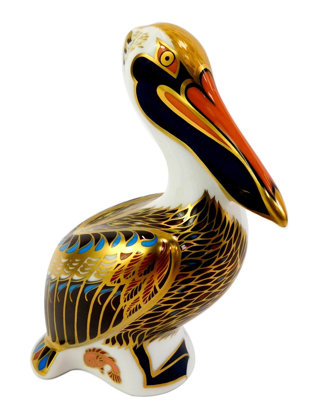 A Royal Crown Derby porcelain brown pelican paperweight, red printed marks and gold stopper, 14cm