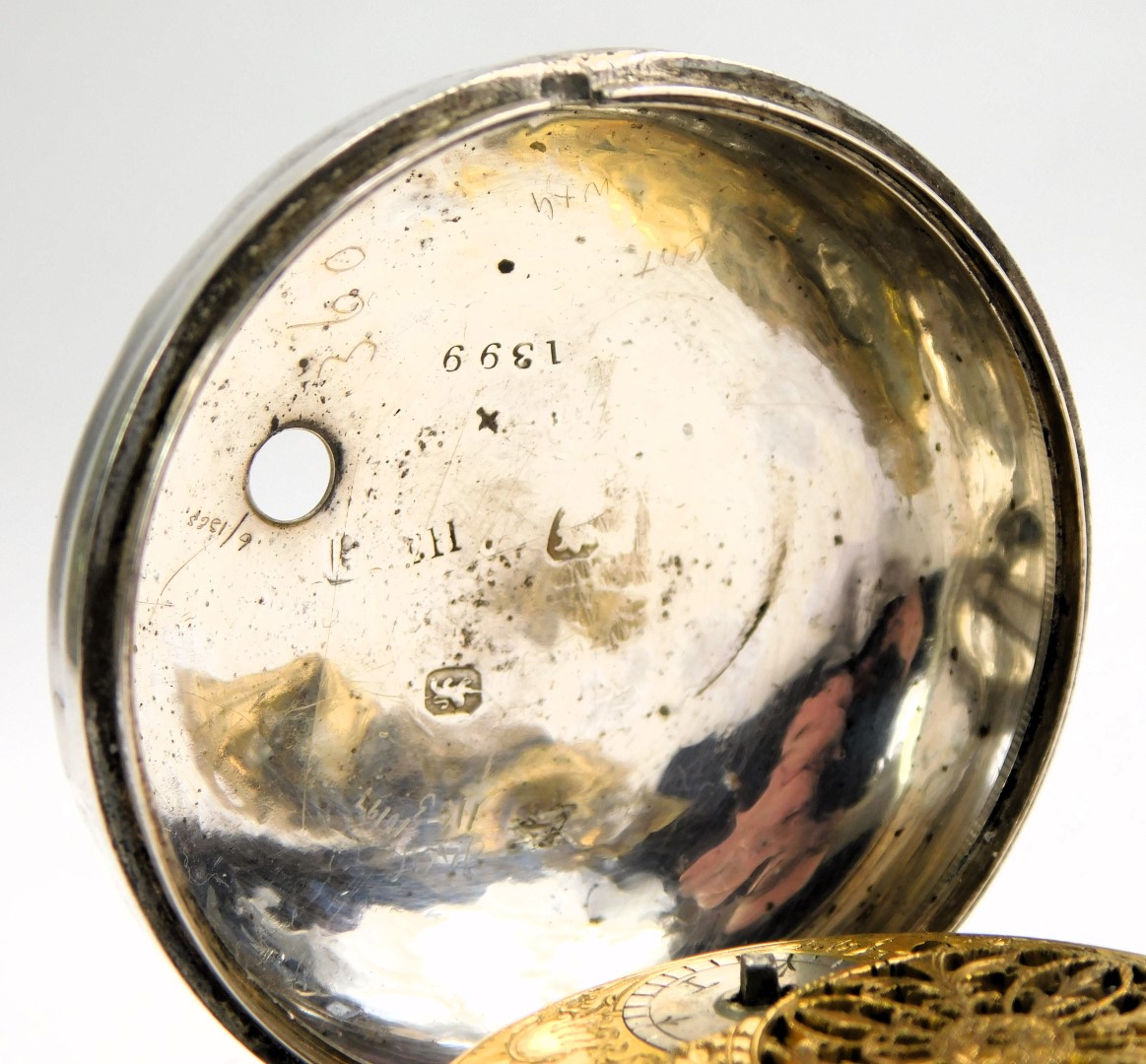 A George III silver pair cased pocket watch, with a white enamel Roman numeric dial and key wind, - Image 4 of 5