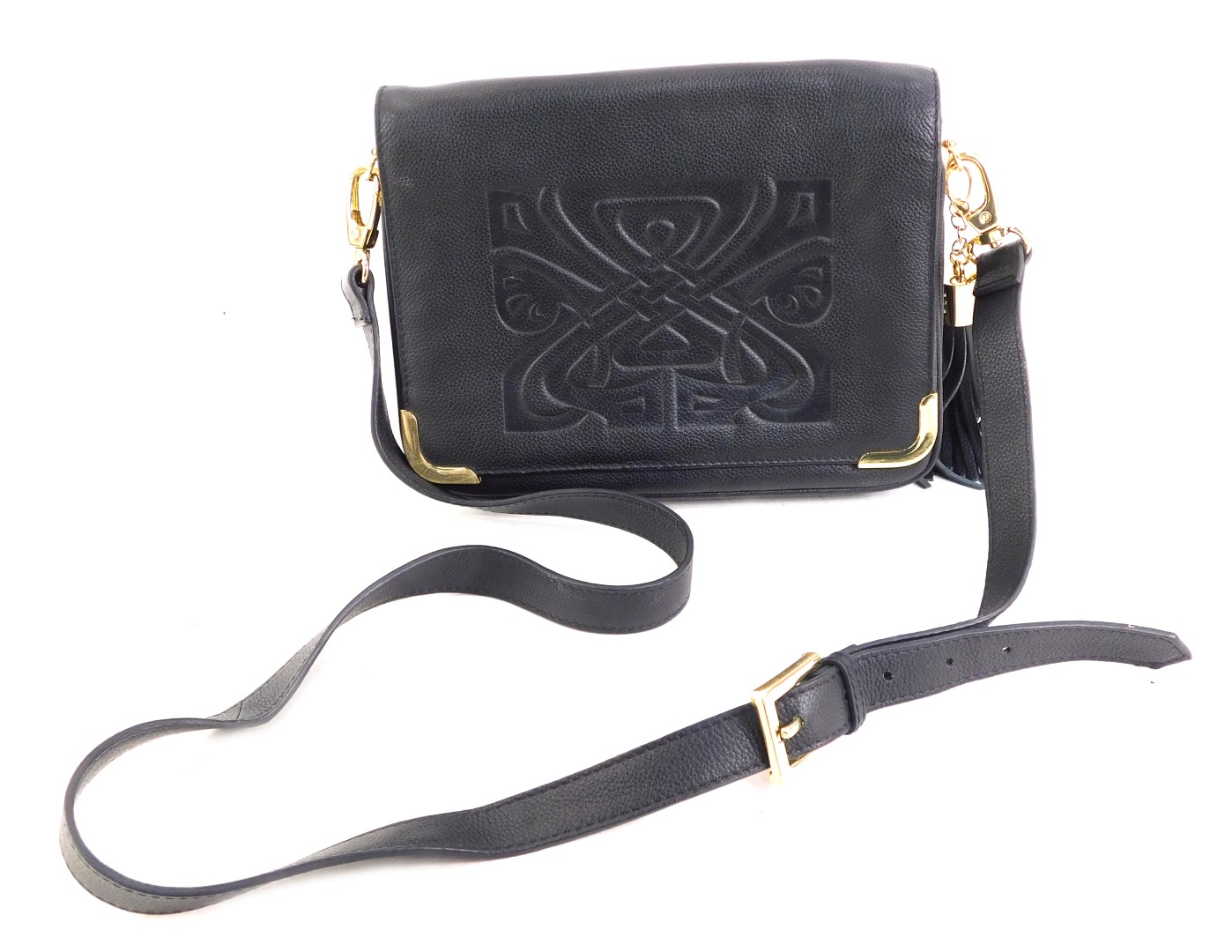 A Biba London black leather handbag, the front flap with heat press Biba logo, enclosing three