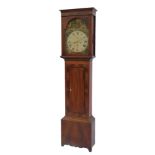 A 19thC mahogany and inlaid longcase clock, the face of circular white Roman numeric painted dial