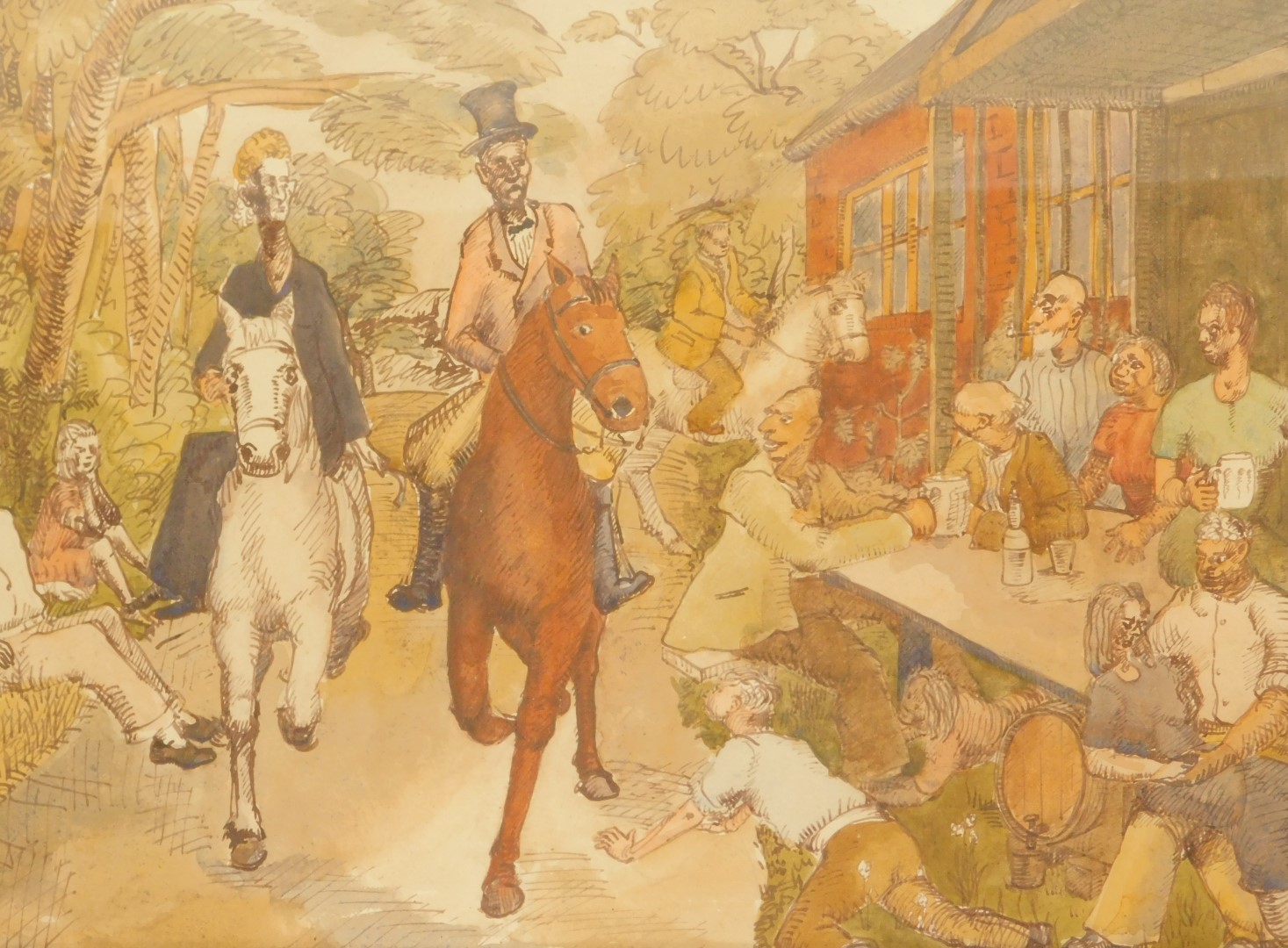 20thC School. Study of three figures on horseback with figures drinking at table outside pub, - Image 3 of 3