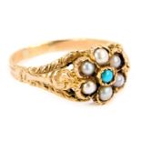 A 20thC 9ct gold dress ring, the central floral cluster with raised turquoise surrounded by three