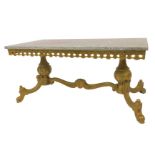 A 20thC coffee table, with grey marble rectangular top, on a cast brass twin pedestal base,