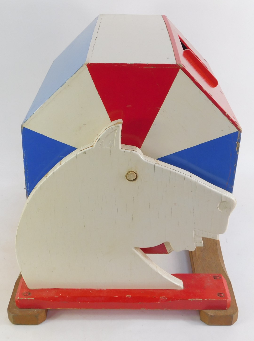 A mid century painted tombola drum, in red, white and blue, with sliding drawer, with a carved horse - Image 2 of 2
