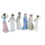 Six Nao porcelain figures, comprising female praying, 28cm high, girl yawning, lady holding