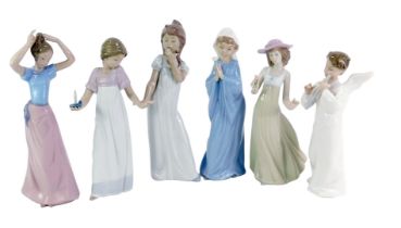 Six Nao porcelain figures, comprising female praying, 28cm high, girl yawning, lady holding
