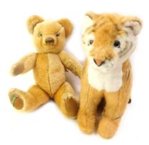 A Merrythought soft toy tiger, 37cm high, together with a Merrythought Harrod's blonde jointed Teddy