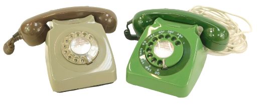 Two plastic cased dial vintage telephones, two tone green, 746 GNA 74-1, and two tone grey 746F-