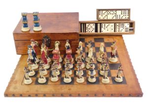 A 20thC chess set, the leather chess board, with outer stud work, 51cm x 51cm, together with various