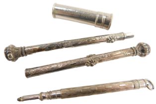 A group of Victorian white metal cased pencils, comprising one with green agate and one with