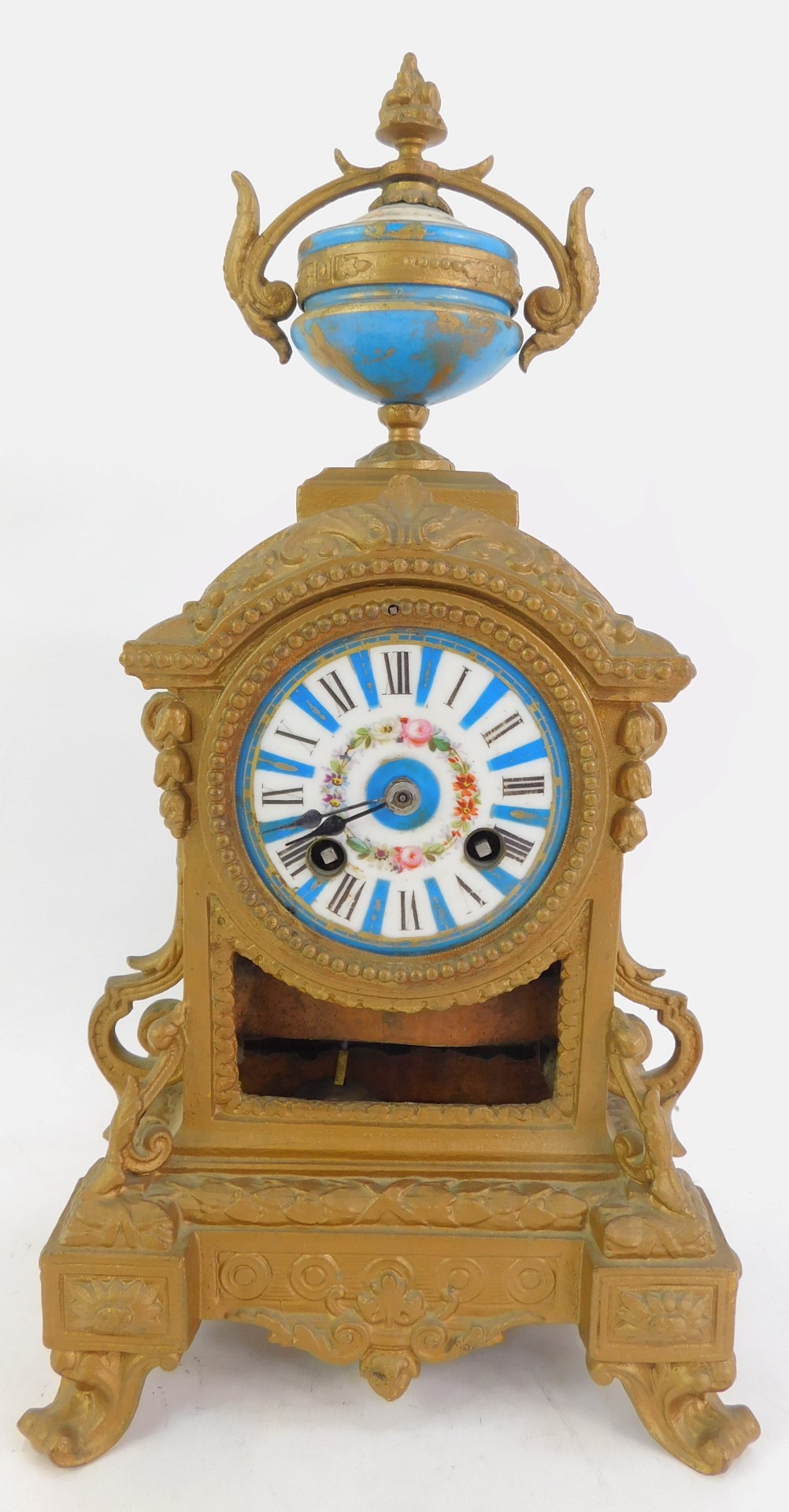 A 19thC French gilt metal and enamelled clock garniture, the white enamel circular dial bearing - Image 3 of 8