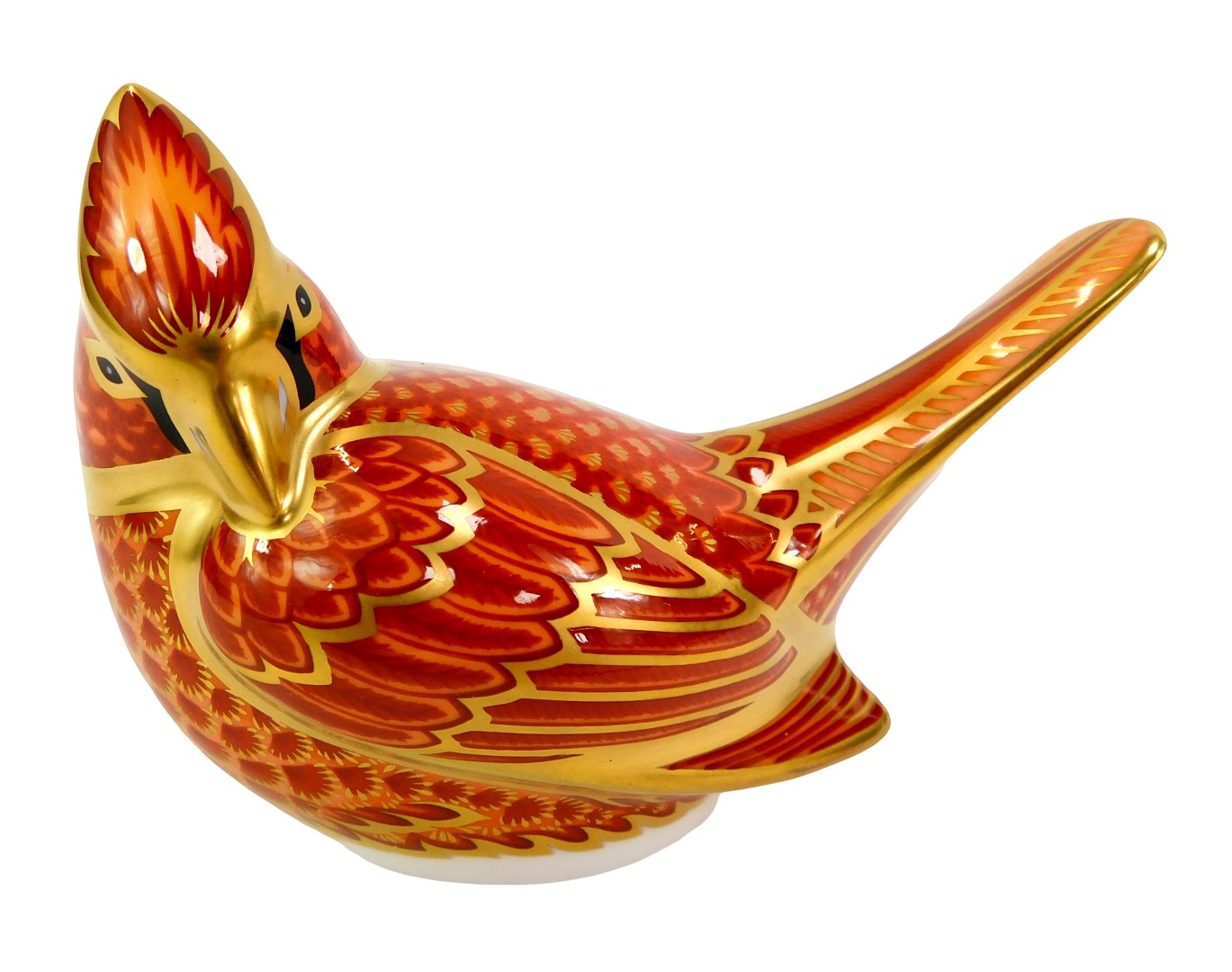 A Royal Crown Derby porcelain American cardinal paperweight, red printed marks and gold stopper, 7.