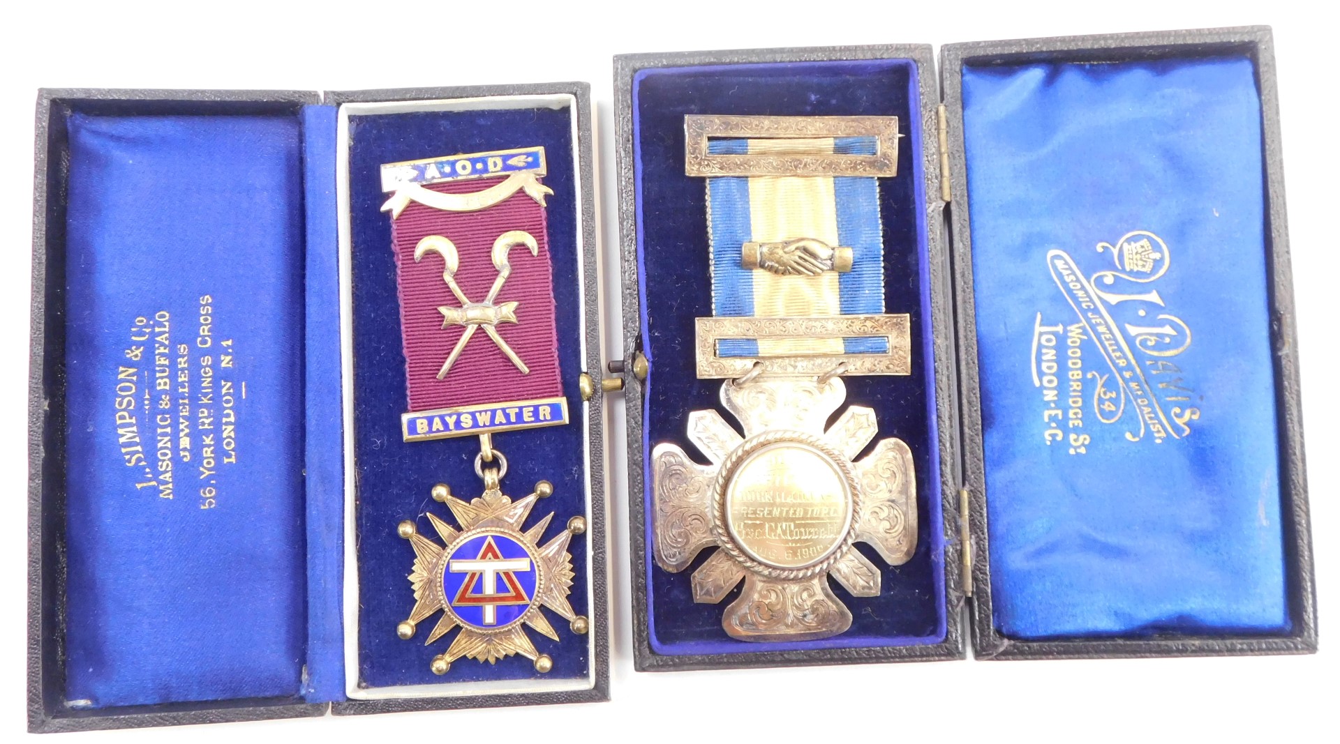 Masonic interest, comprising a Bays Water silver and enamel medal presented to Brother G Tourret - Image 2 of 2