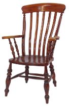A 20thC stained beech grandfather type chair, with solid rail, lath back, scrolling arms, solid
