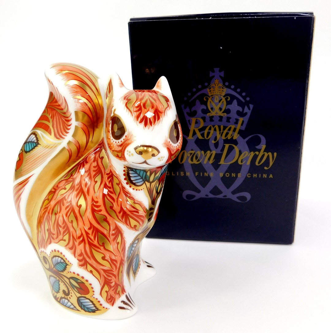 A Royal Crown Derby porcelain woodland squirrel paperweight, red printed marks and gold stopper, - Image 2 of 3
