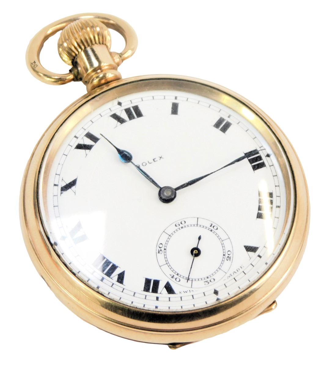 A Rolex gold plated pocket watch, with white enamel Roman numeric dial, seconds dial, and blue