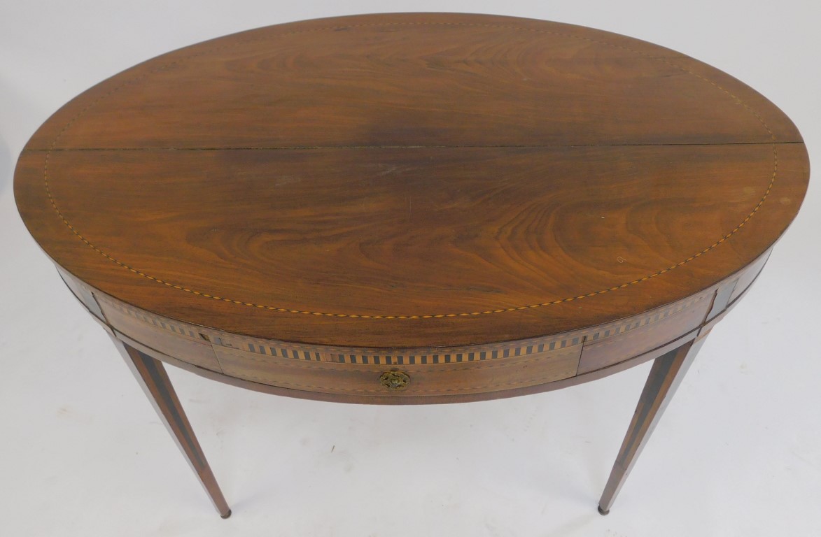 A late 19thC mahogany side table, the oval top with ebony and boxwood inlay, the base with a - Image 2 of 4