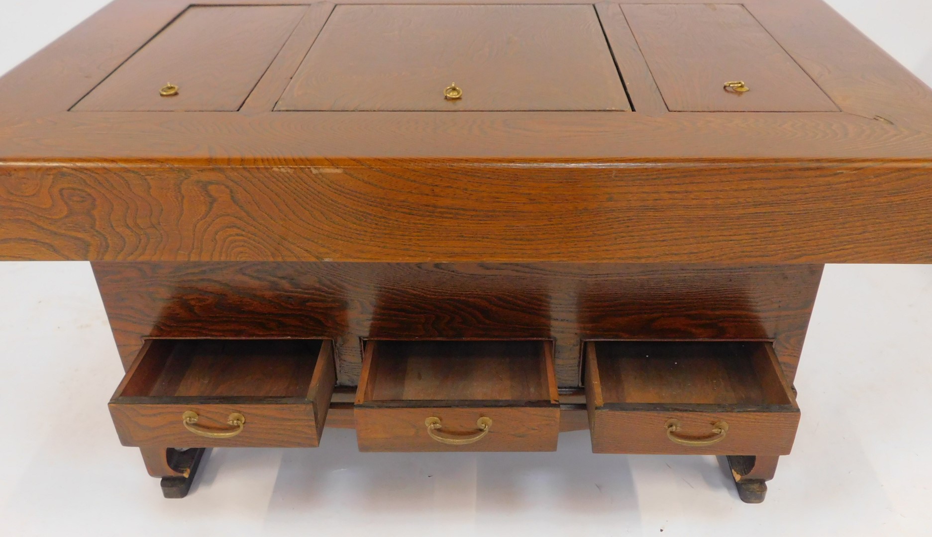 A Korean elm Hibachi, the top with three removable sections enclosing copper dishes, the base with - Image 4 of 7
