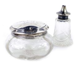 Two silver topped and cut glass items, comprising dressing table jar bearing the initials EJ, 6cm
