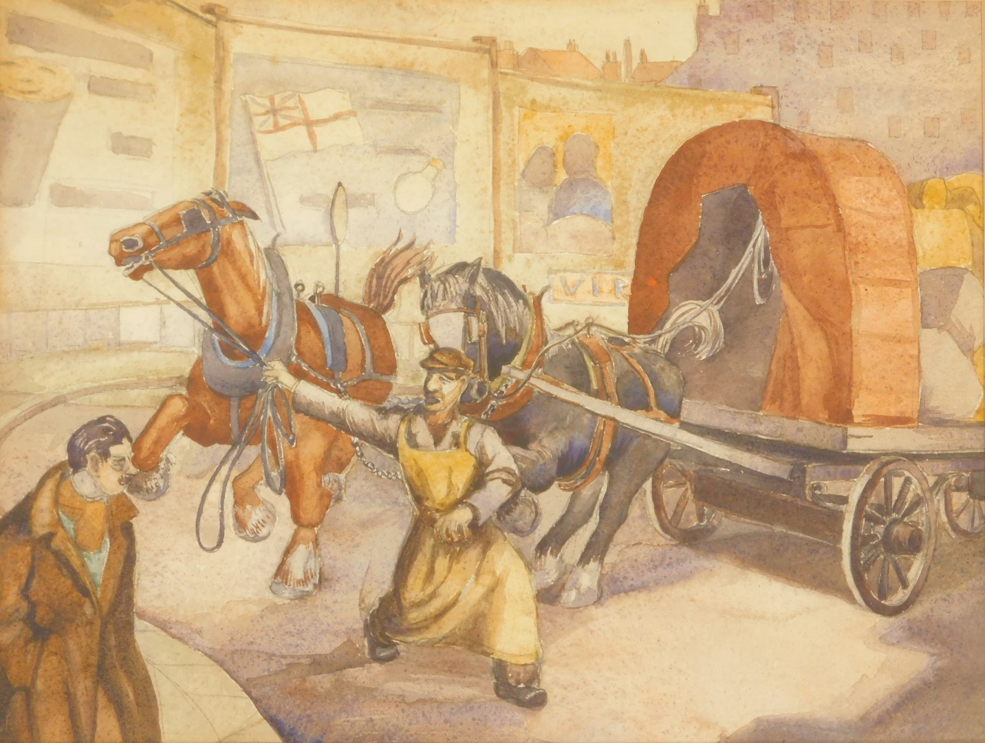 20thC School. Study of three figures on horseback with figures drinking at table outside pub, - Image 2 of 3