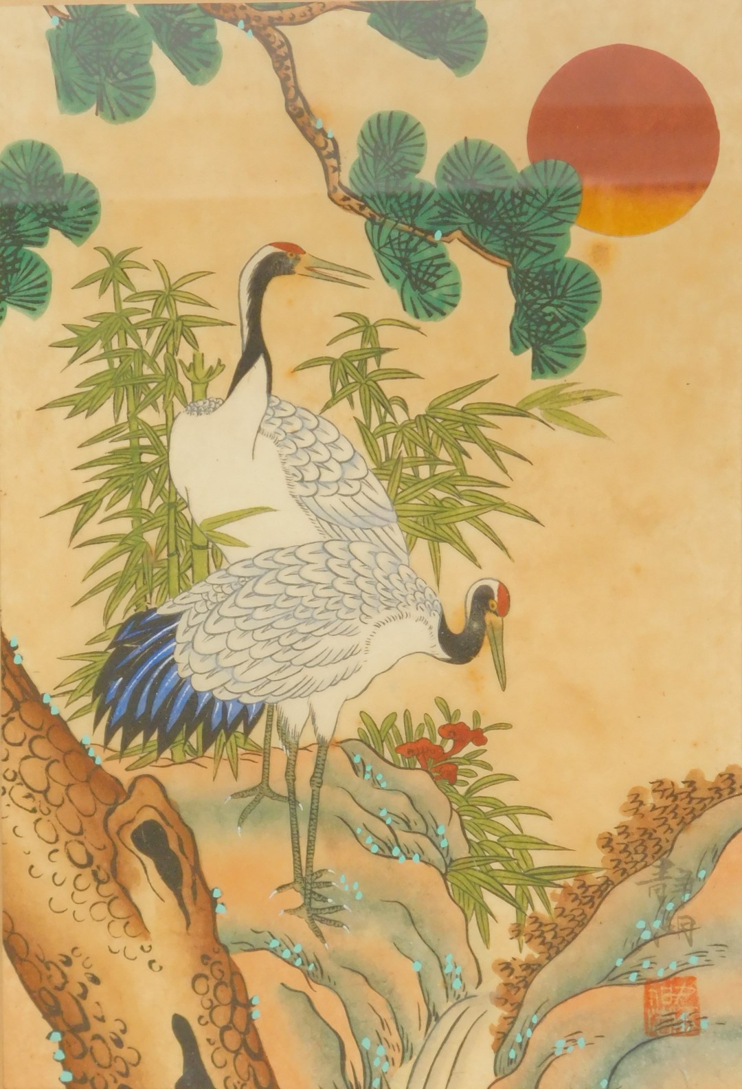 Oriental School. Three pictures depicting two birds on water, birds on flowering tree, and two - Image 6 of 9