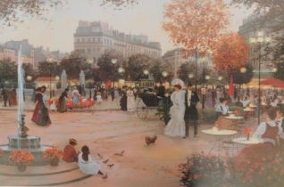 After C Kieffer. Parisian street scene depicting figures in Edwardian dress, print, 53cm x 80cm.