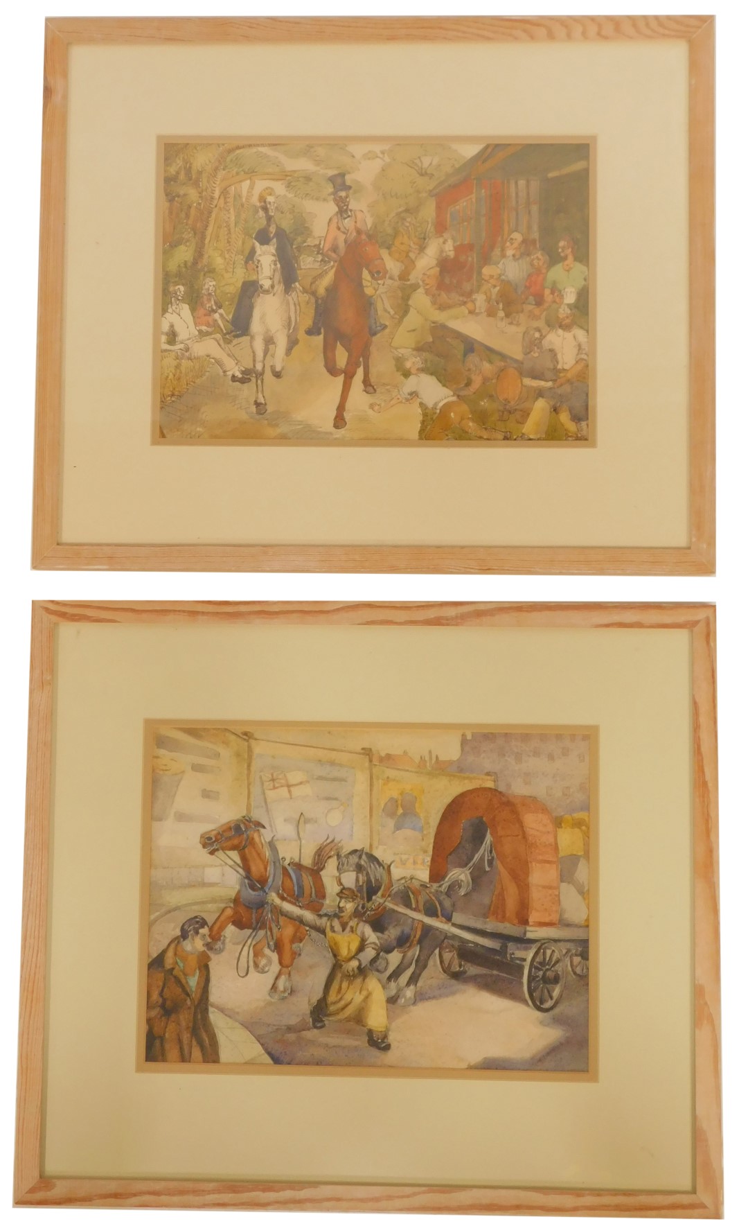20thC School. Study of three figures on horseback with figures drinking at table outside pub,